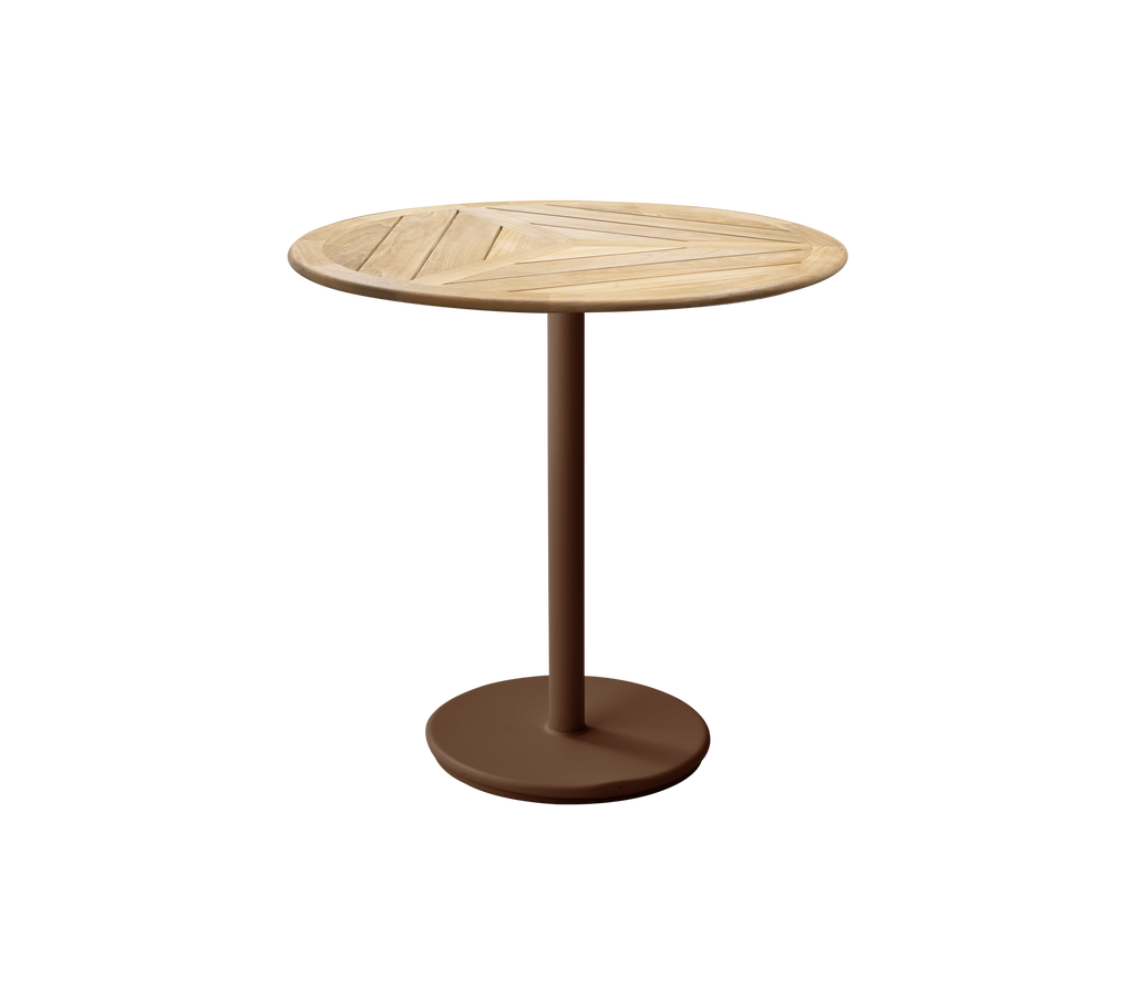 Round table with a teak top and desert red base.