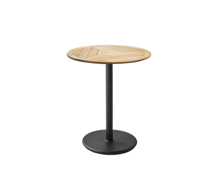 Round table with a textured wooden top and a sleek black metal base, perfect for contemporary settings.