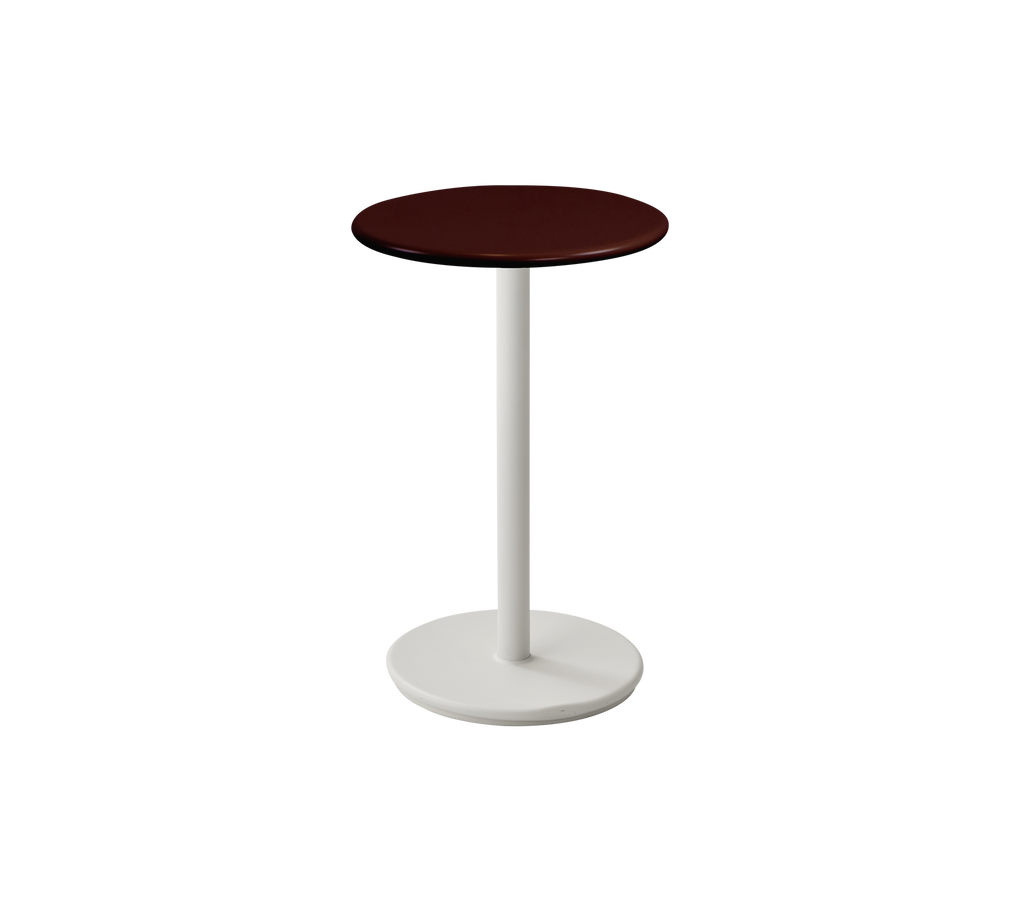 Burgundy table with a white base, featuring a simple and modern design.