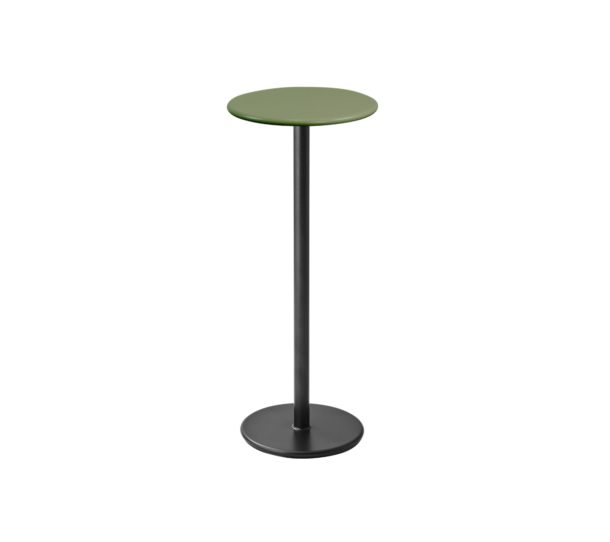 Tall, slender table with a circular green top and a black base, perfect for casual settings or social gatherings.