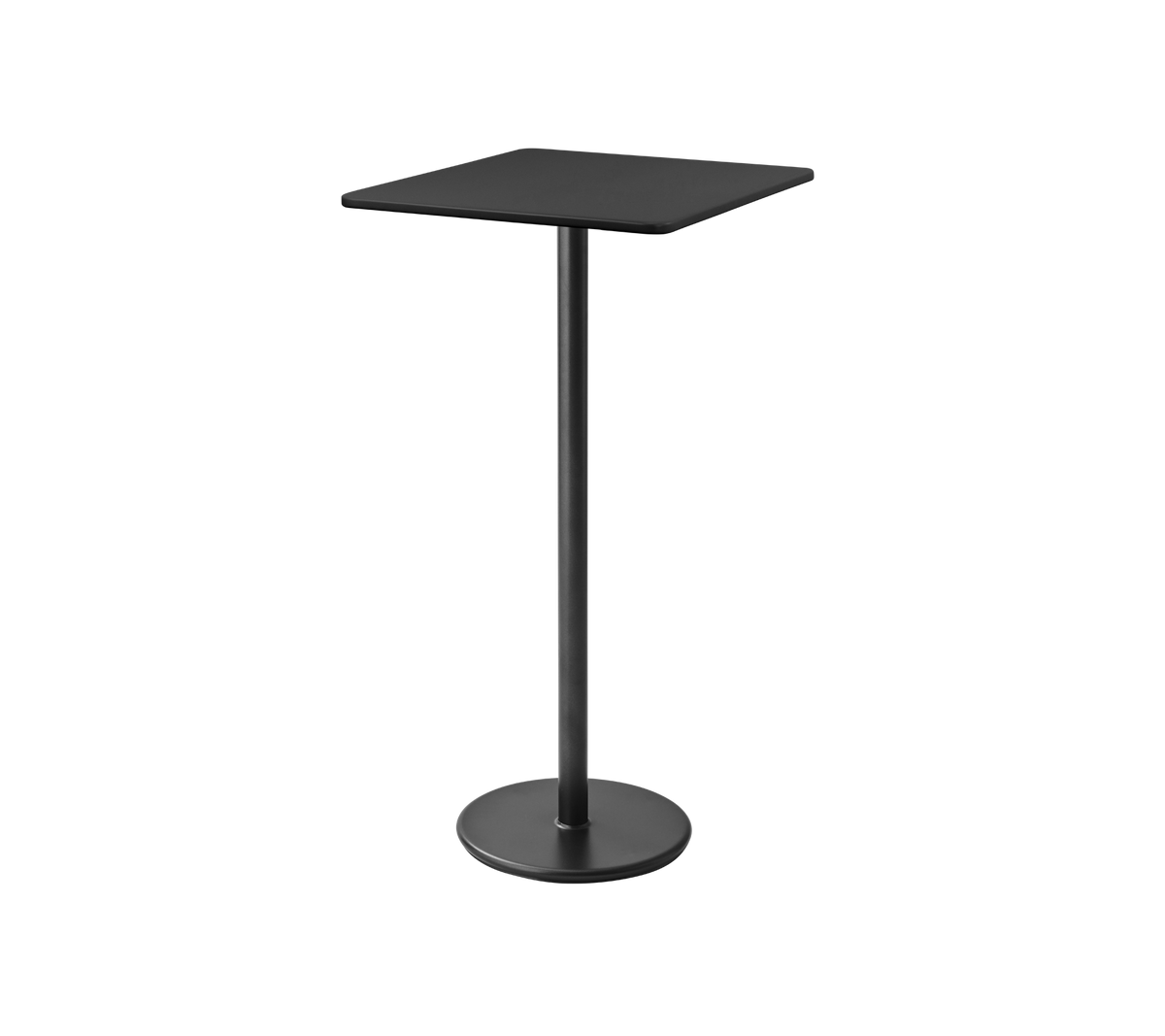 Black, modern pedestal table with a square top and sturdy circular base, ideal for casual dining or gatherings.