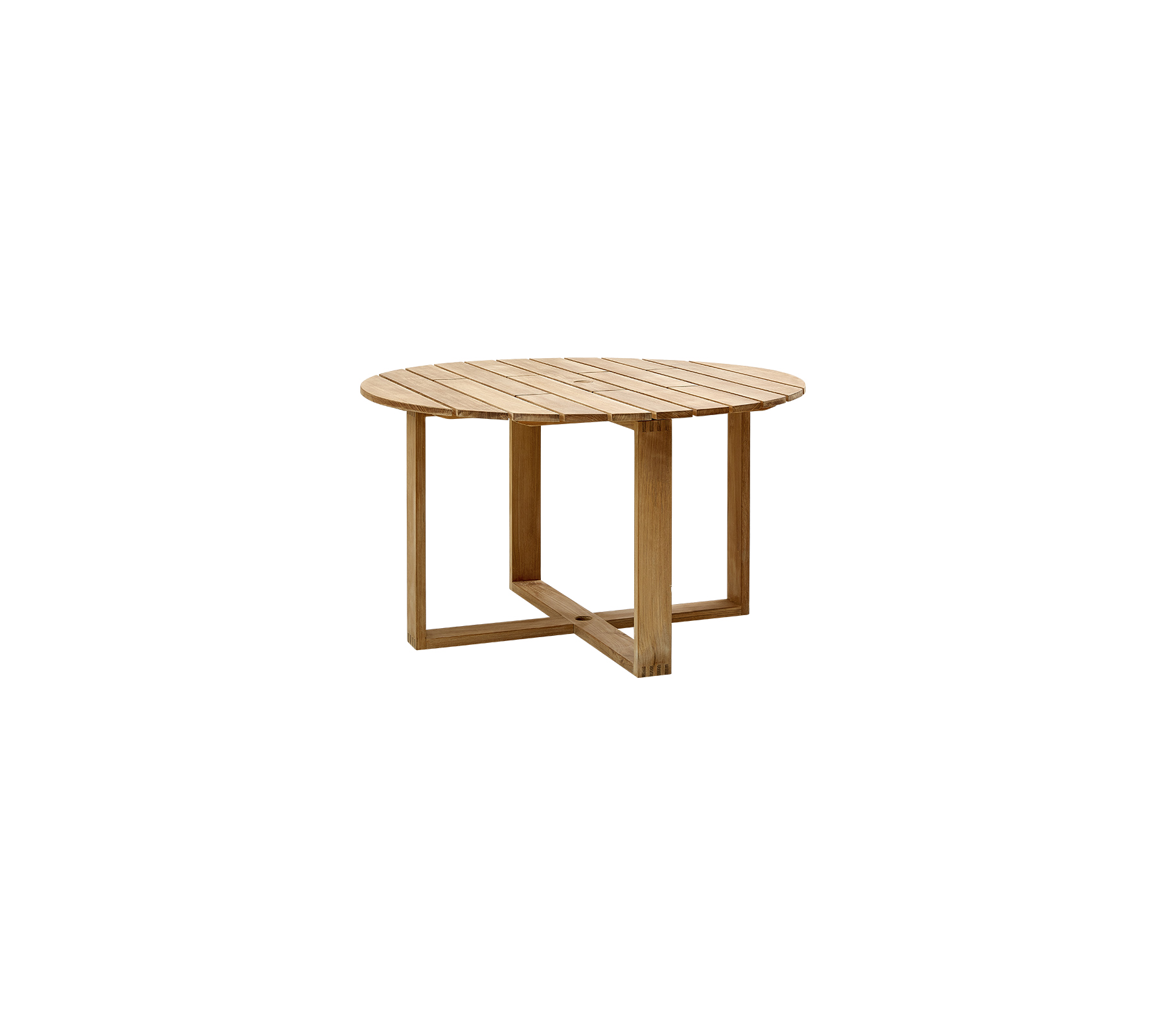 Round wooden coffee table with slatted top and a unique geometric base, showcasing a natural finish and contemporary design.
