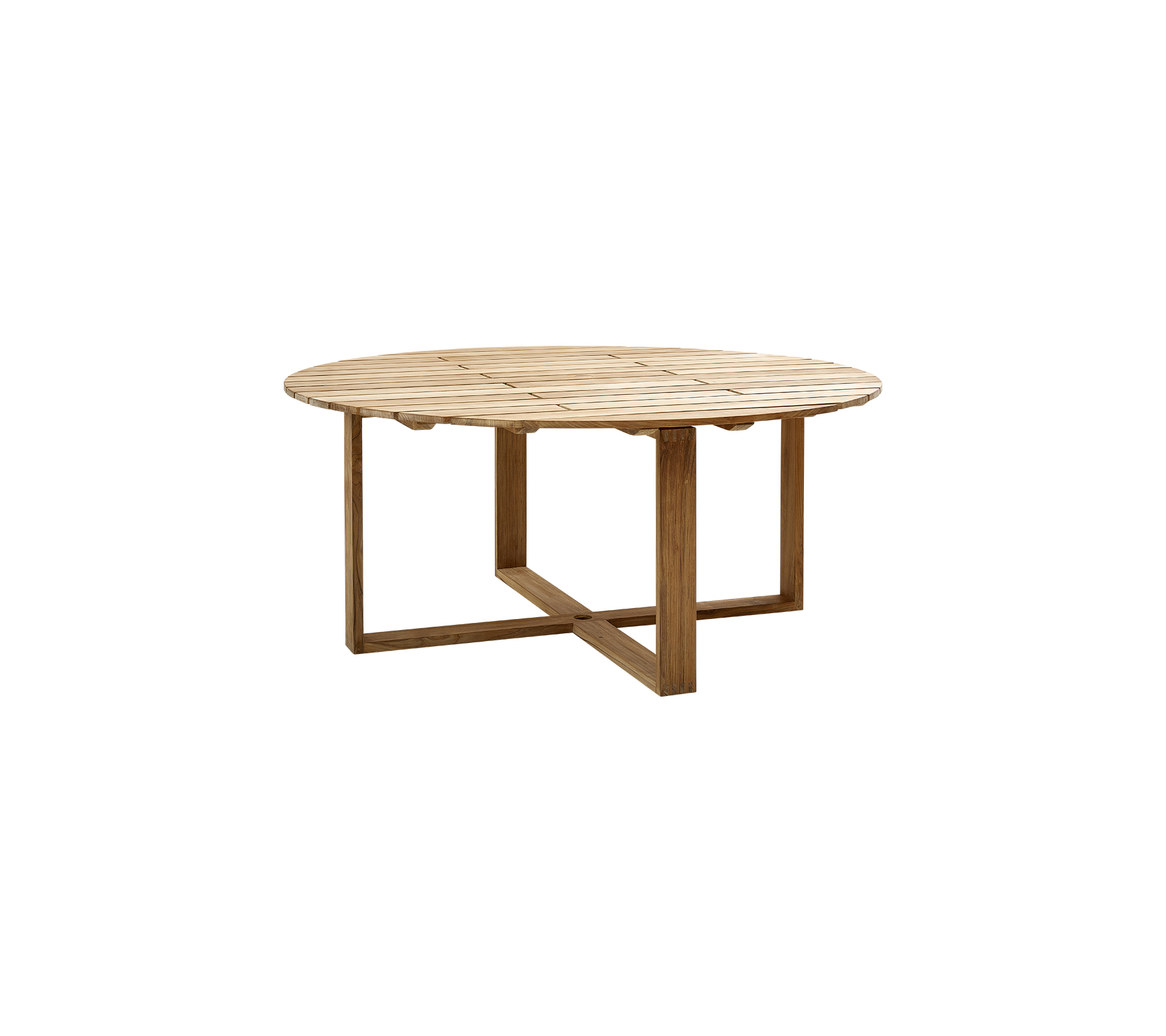 Round wooden table with a natural finish and a sturdy, cross-shaped base, designed for versatile use.