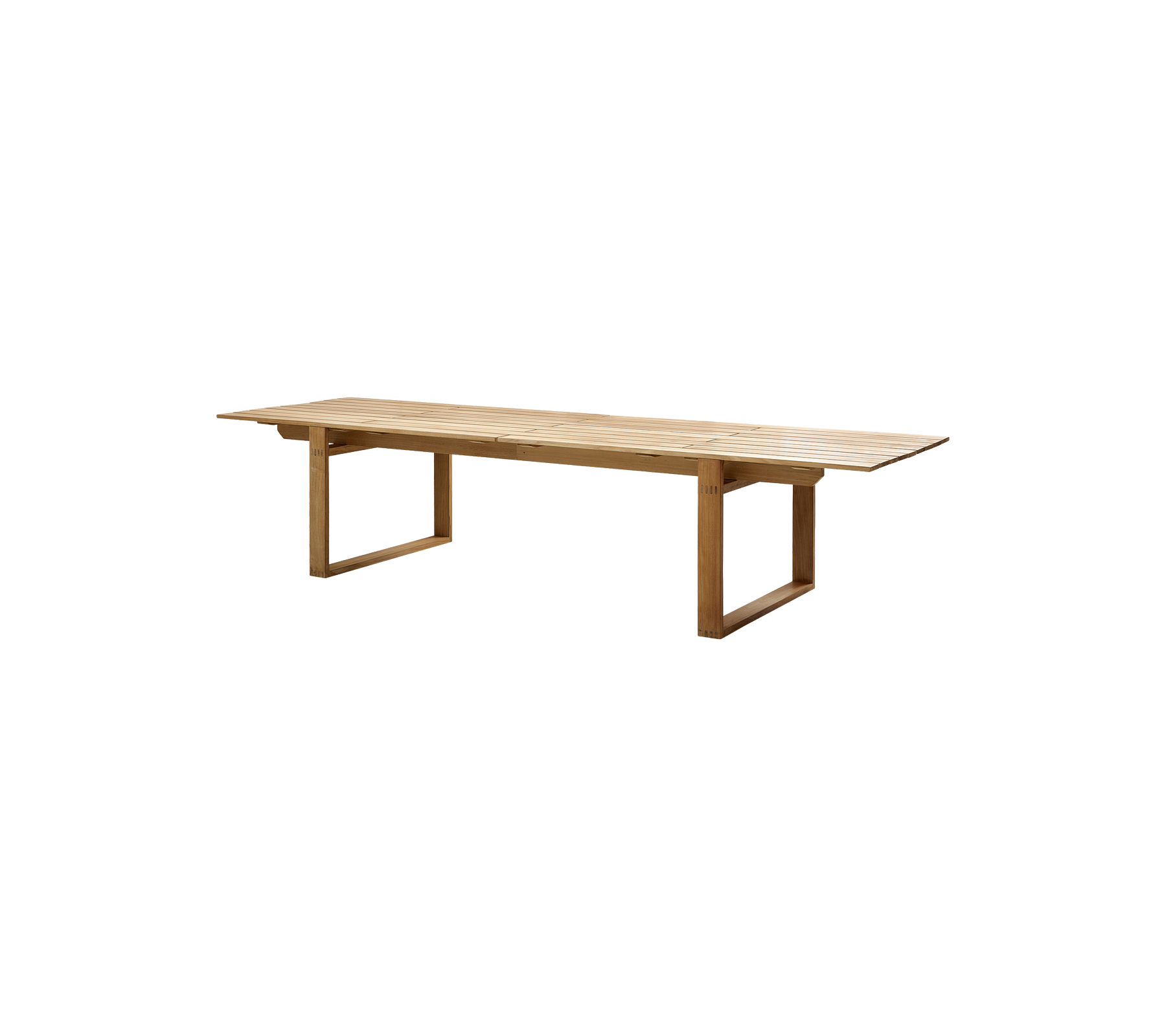 A long wooden table with a smooth surface and sturdy legs, ideal for gatherings and communal dining experiences.