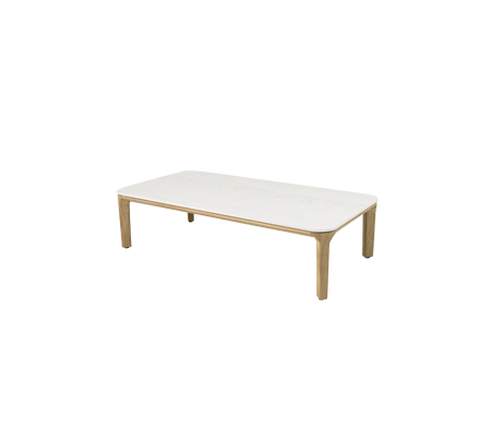 Rectangular coffee table with a sleek white surface and natural wood legs, ideal for modern living spaces.