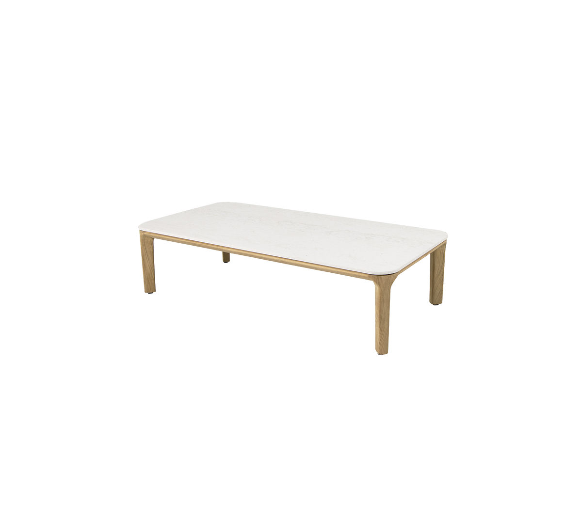Rectangular coffee table with a sleek white surface and natural wood legs, ideal for modern living spaces.