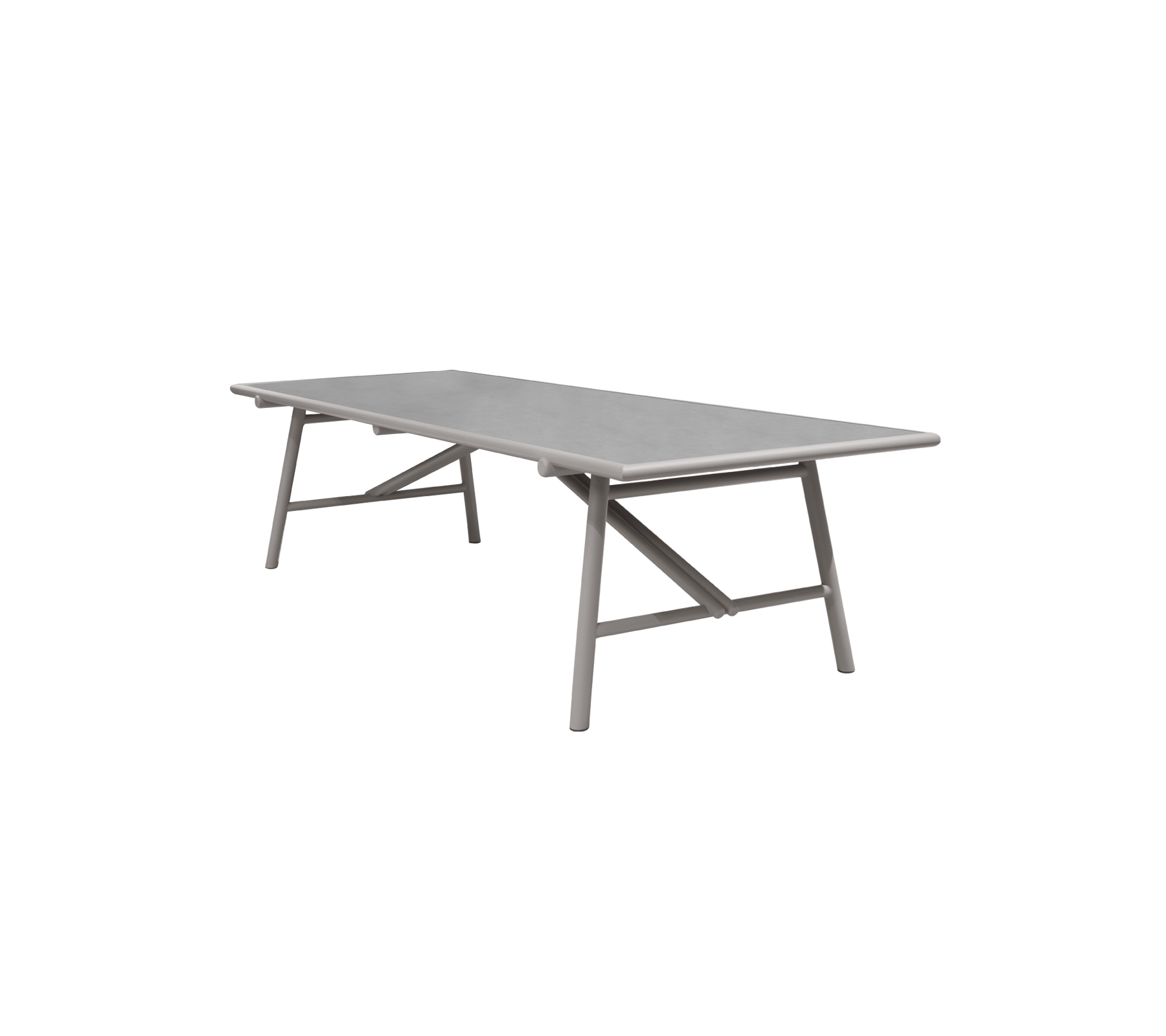 Rectangular table with a gray top and sturdy cross-legged design, ideal for various settings and gatherings. Lightweight and modern aesthetic.