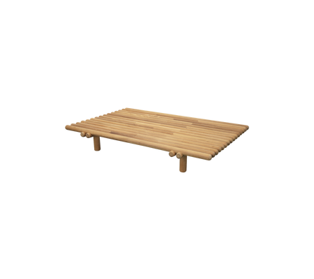 Wooden slat table with four legs, featuring a minimalist design and natural finish, suitable for various decorative styles.
