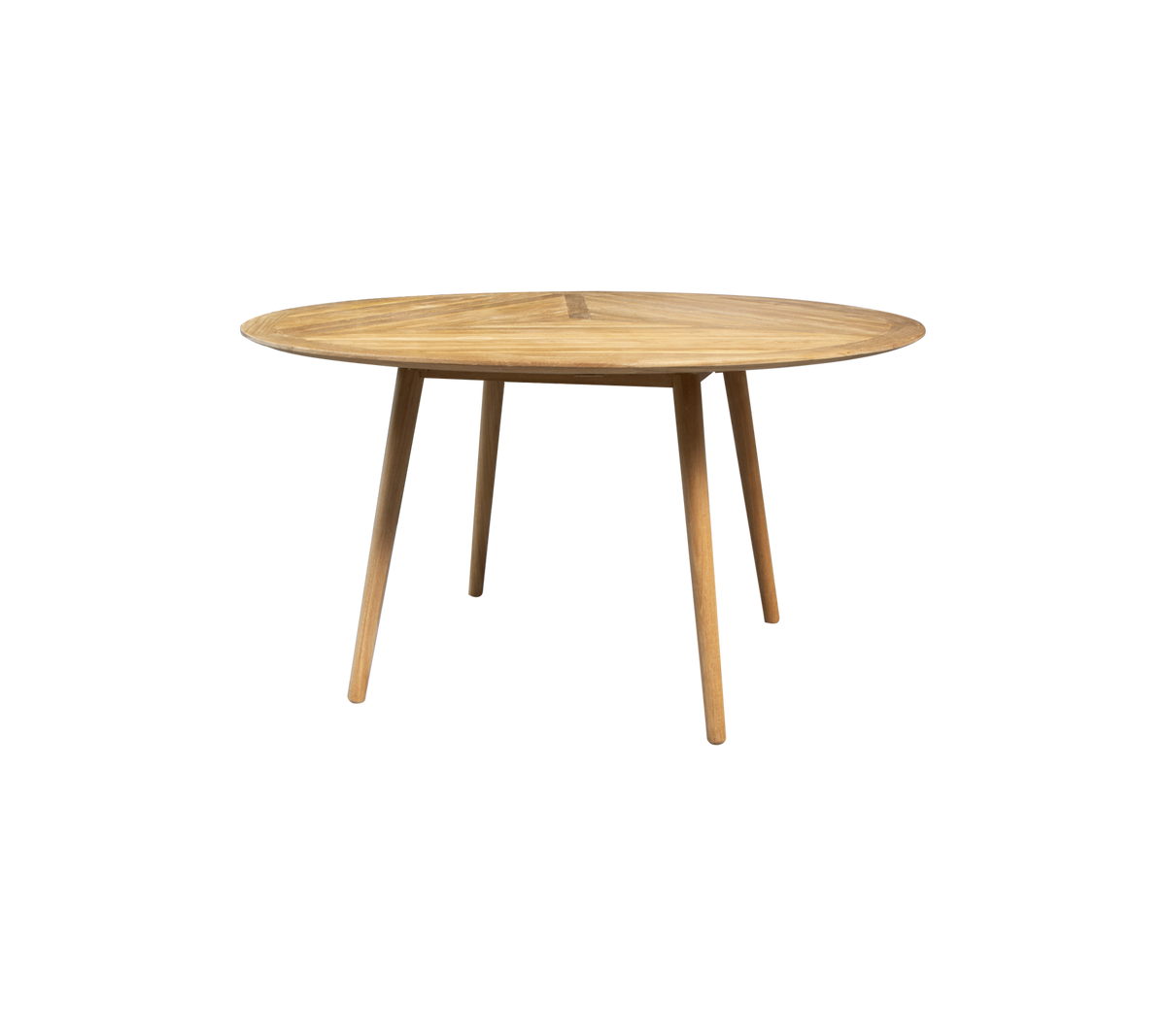 Round wooden table with a smooth surface and slender legs, designed for stylish and functional dining or workspace.