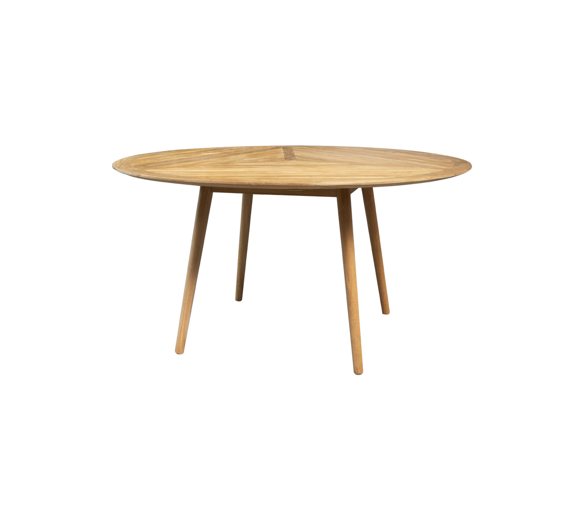 Round wooden table with a smooth surface and four tapered legs, designed for versatile dining or workspace arrangements.