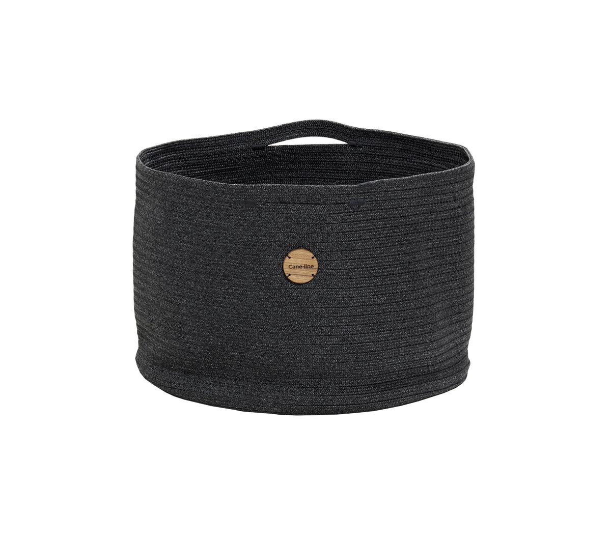 A round, dark gray storage basket with a textured design and a wooden tag featuring a logo. Perfect for organizing items stylishly.