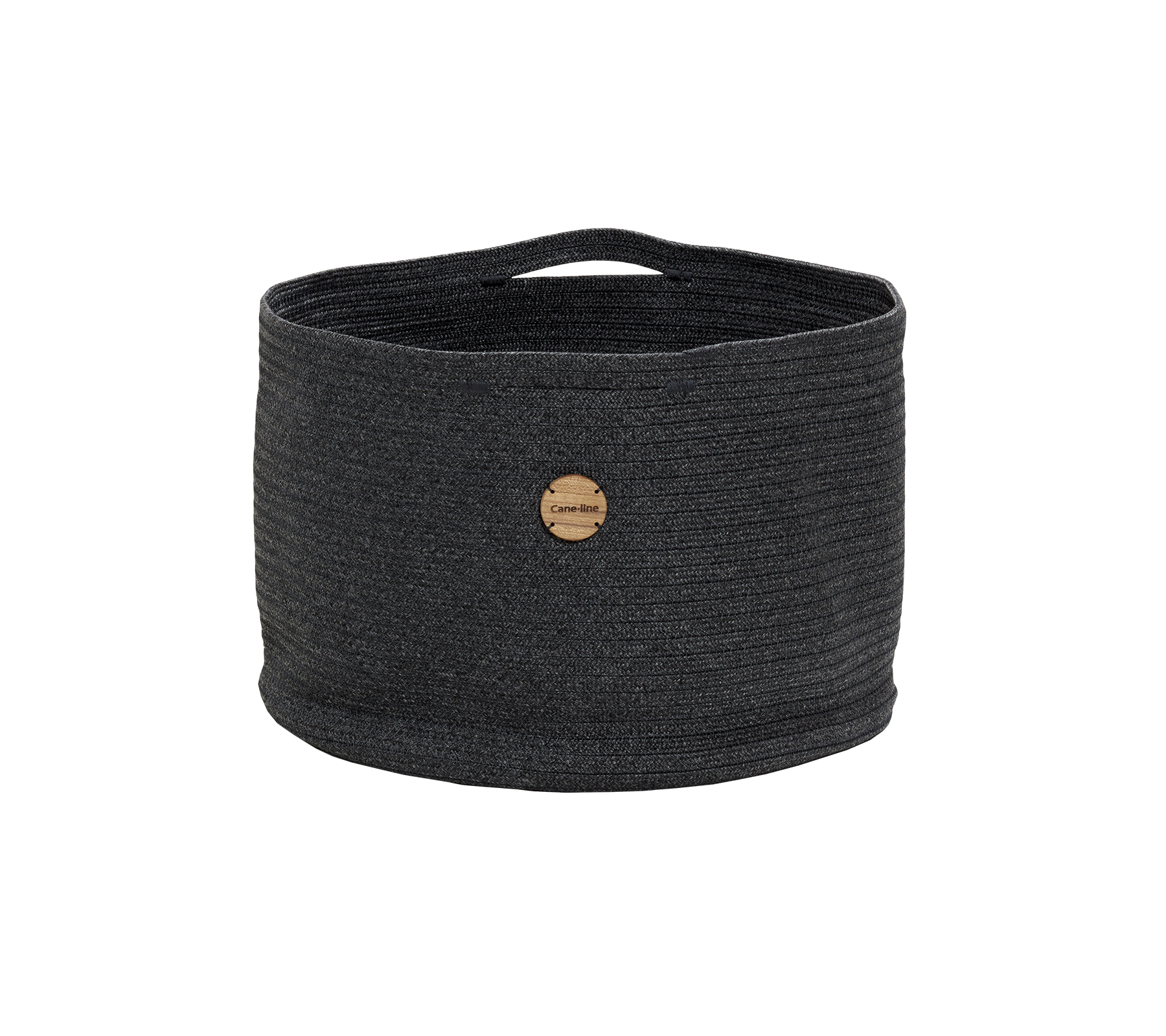 A round, dark gray storage basket with a textured design and a wooden tag featuring a logo. Perfect for organizing items stylishly.