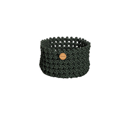 A textured green woven basket with a wooden tag, ideal for organizing and adding a touch of style to any space.