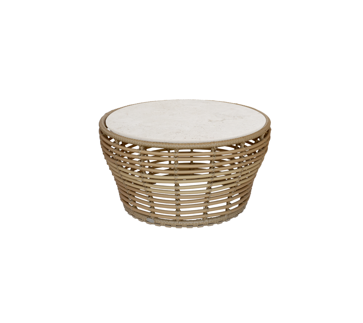 Round table with a natural finish and a light-colored top.