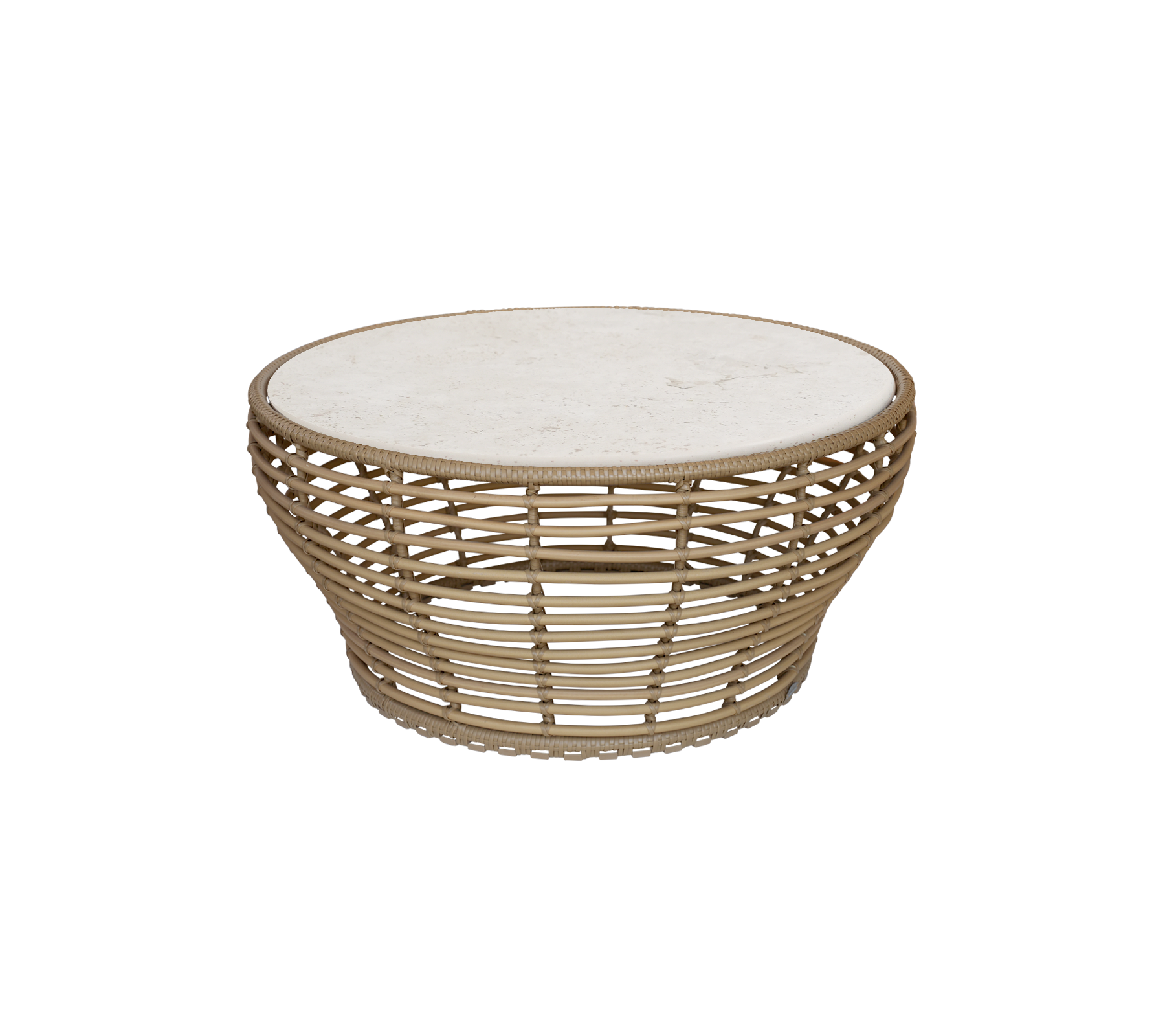 Natural coffee table with a round top and open woven design.