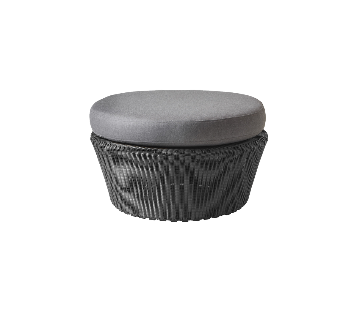 Round ottoman with a woven base and a grey cushioned top, designed for versatile seating and decoration.