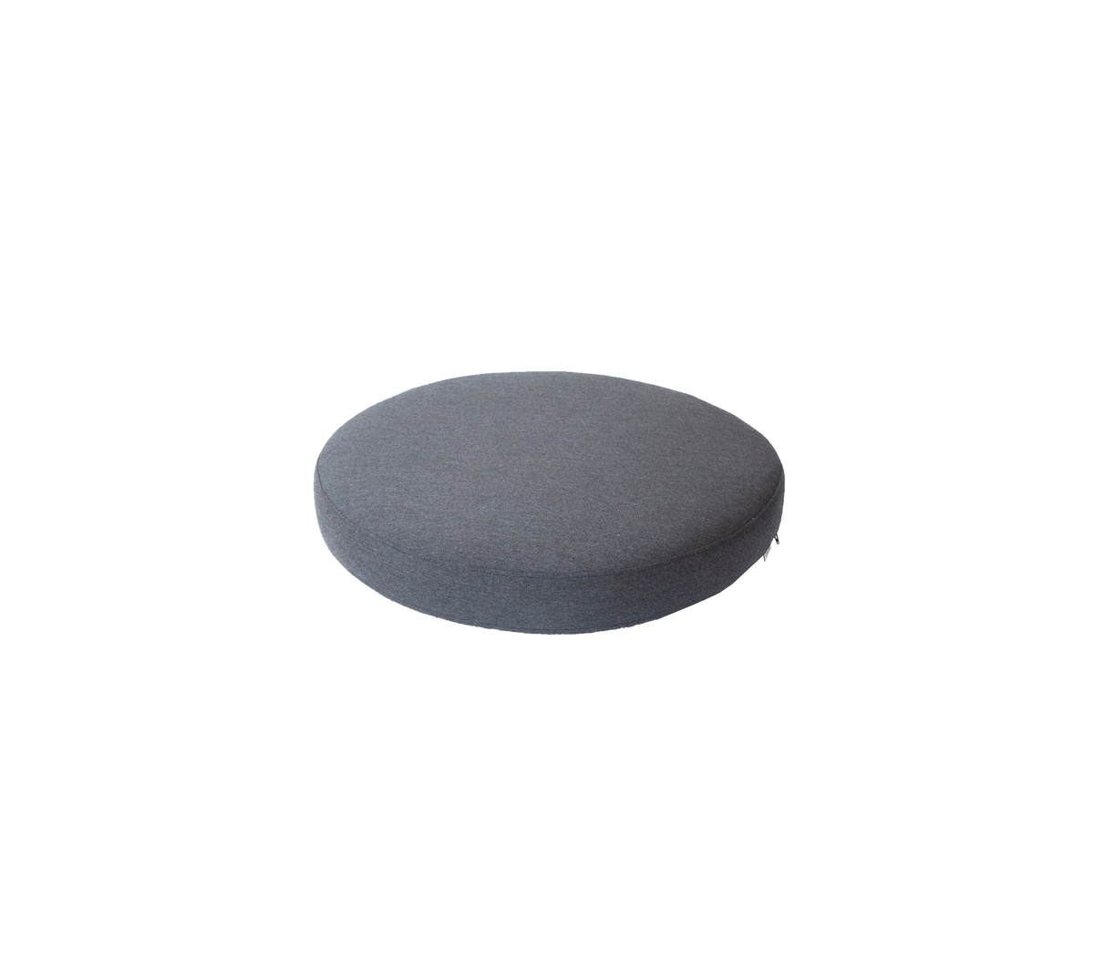 Round, dark gray cushion with a smooth surface, ideal for seating or decorative purposes.