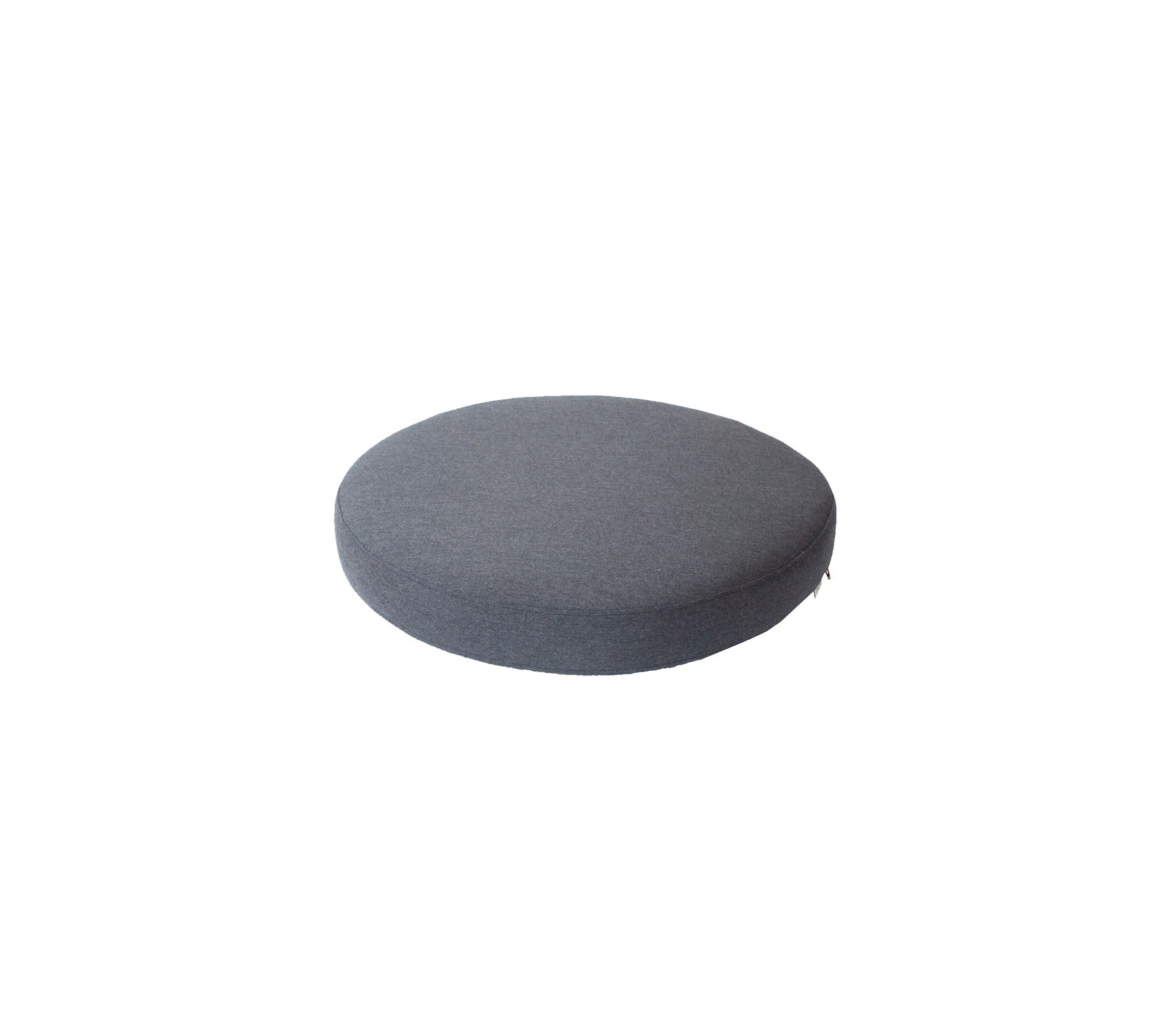 Round, dark gray cushion with a smooth surface, ideal for seating or decorative purposes.