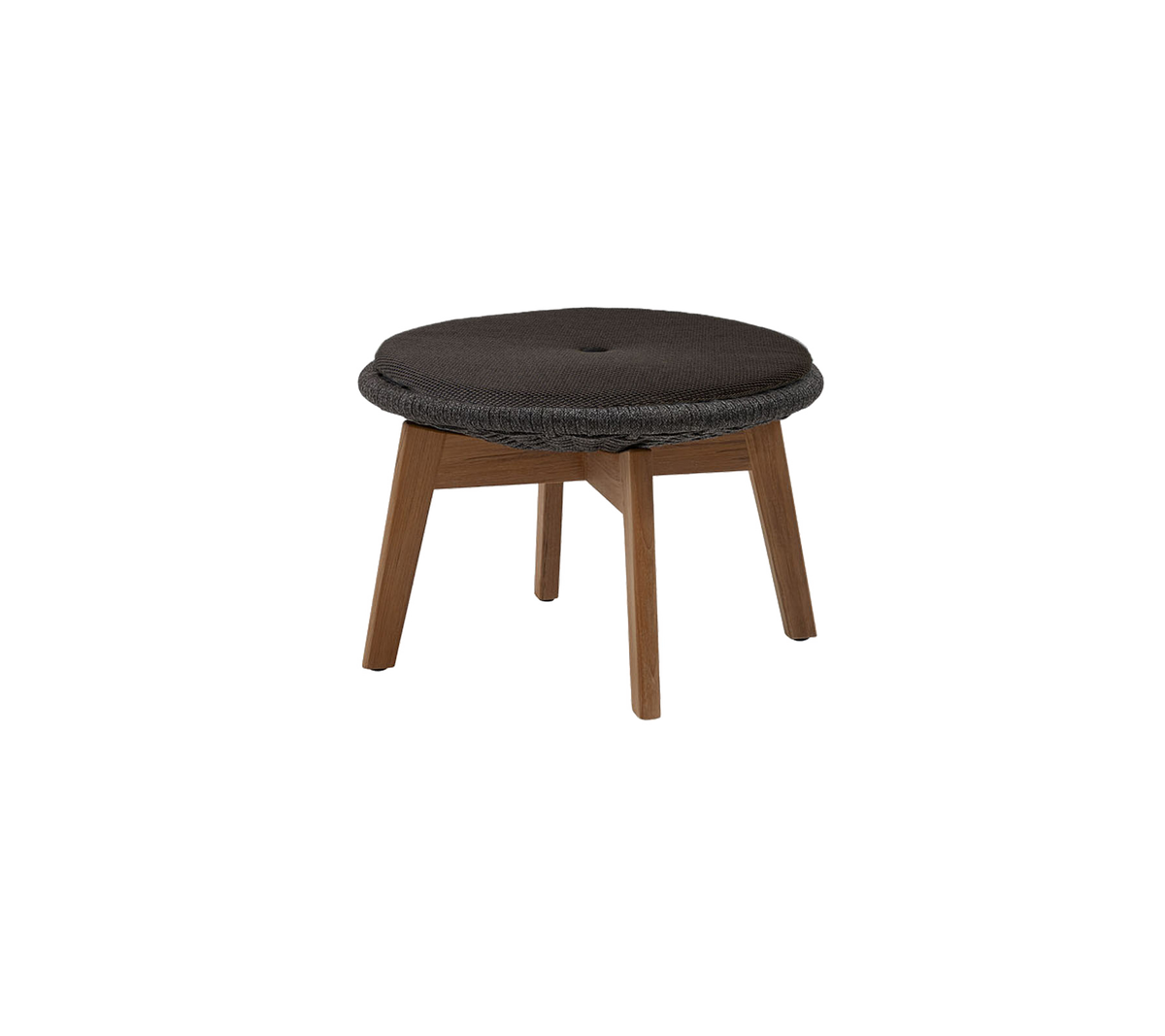 Round padded stool with a dark surface and wooden legs, designed for comfort and style. Ideal for versatile seating arrangements.