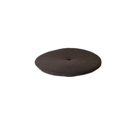 Round, textured cushion in a dark color, designed for comfort and support. Ideal for adding seating or decor.