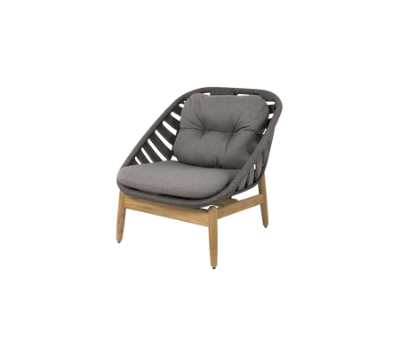 Stylish chair with a cushioned seat in gray and a wooden frame, featuring a unique woven design for modern decor.