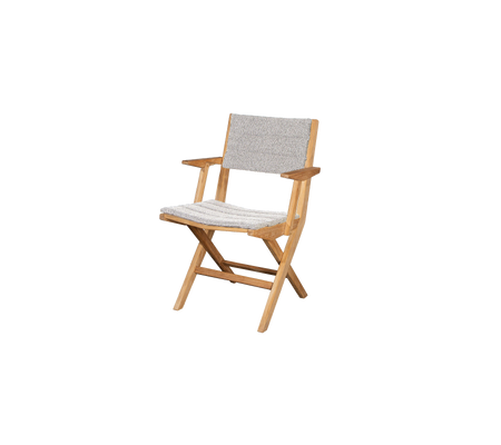 Wooden folding chair with a light fabric seat and back, featuring simple armrests and a minimalist design. Ideal for various settings.