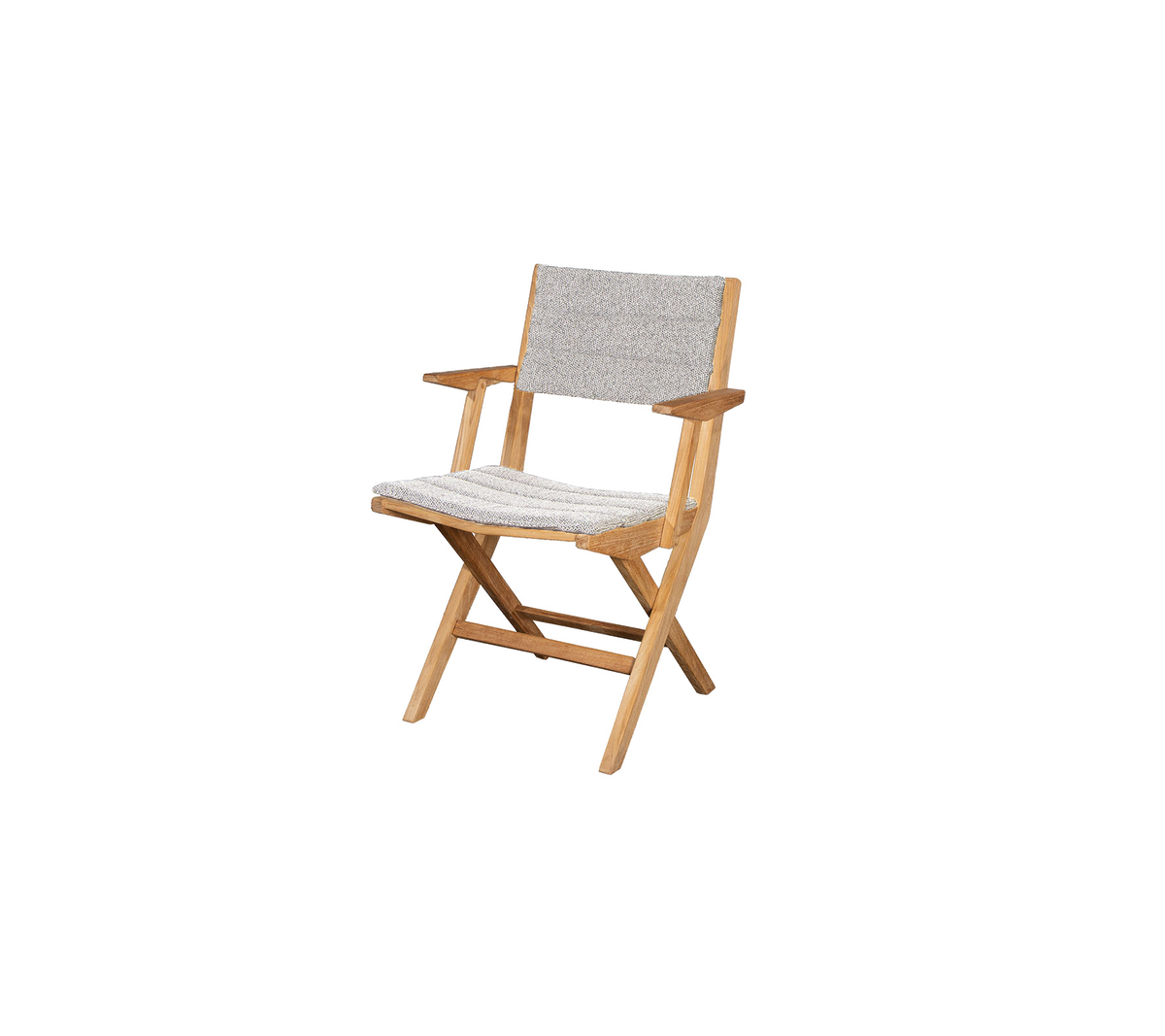 Wooden folding chair with a light fabric seat and back, featuring simple armrests and a minimalist design. Ideal for various settings.