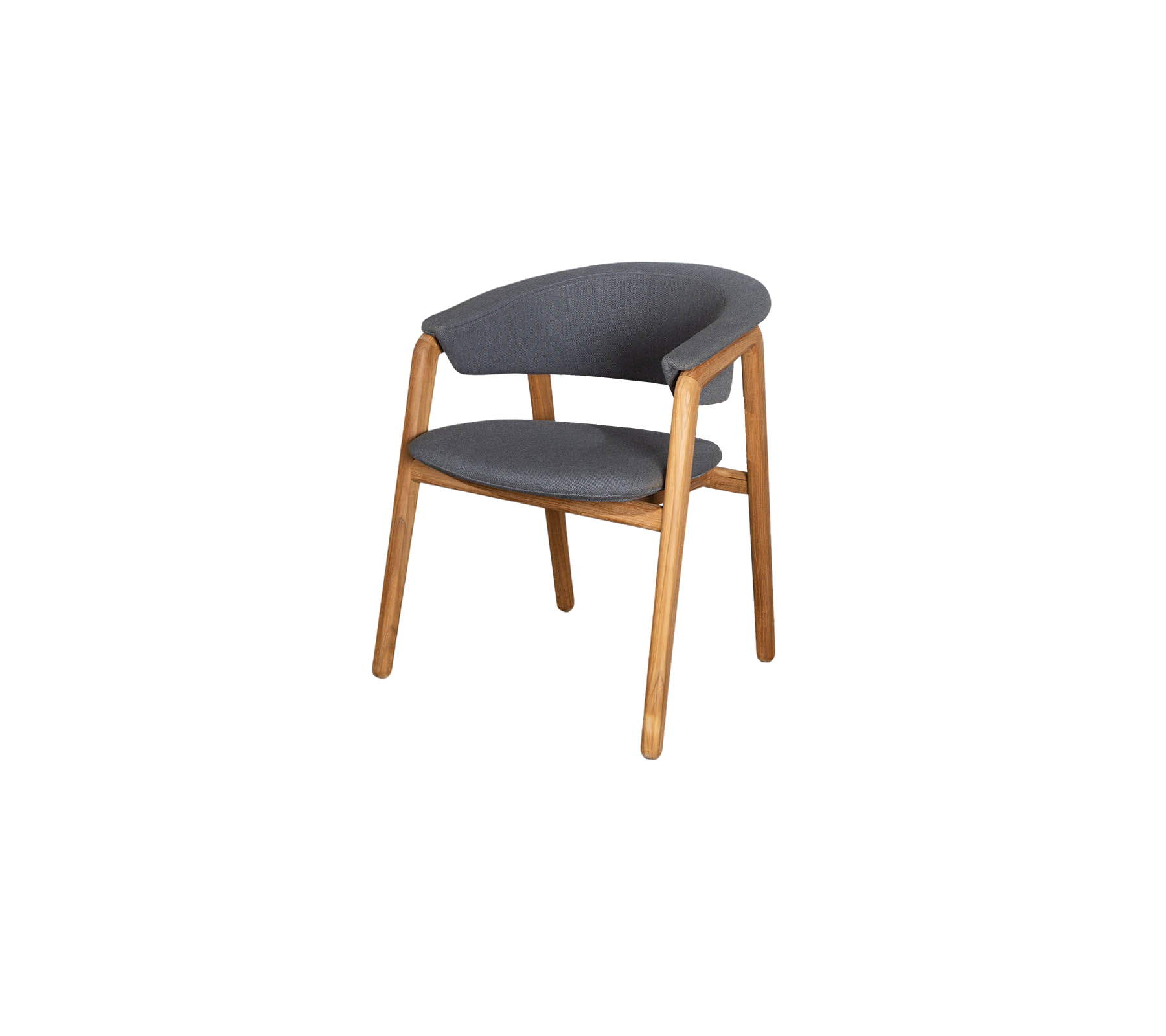 Stylish chair with a gray fabric seat and curved backrest, supported by natural wood legs, offering modern comfort and aesthetic appeal.