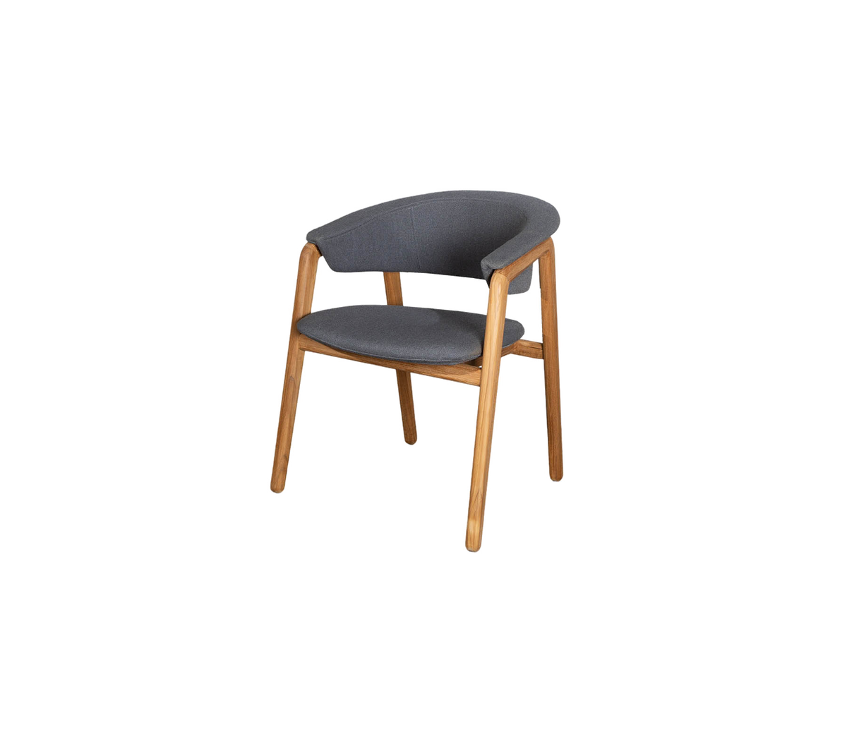 Stylish chair with a gray fabric seat and curved backrest, supported by natural wood legs, offering modern comfort and aesthetic appeal.