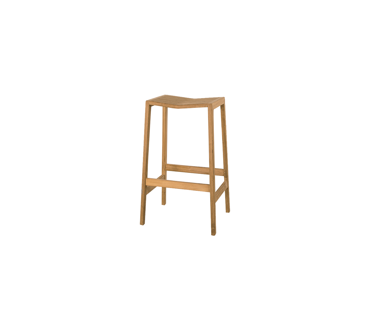 Simple wooden stool with a natural finish and four legs, featuring a supportive footrest for added comfort.