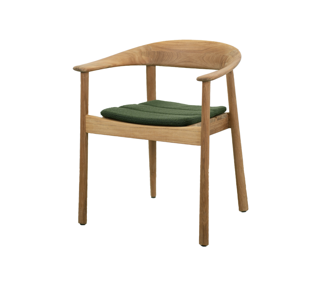 Teak chair with dark green cushion in a modern design.