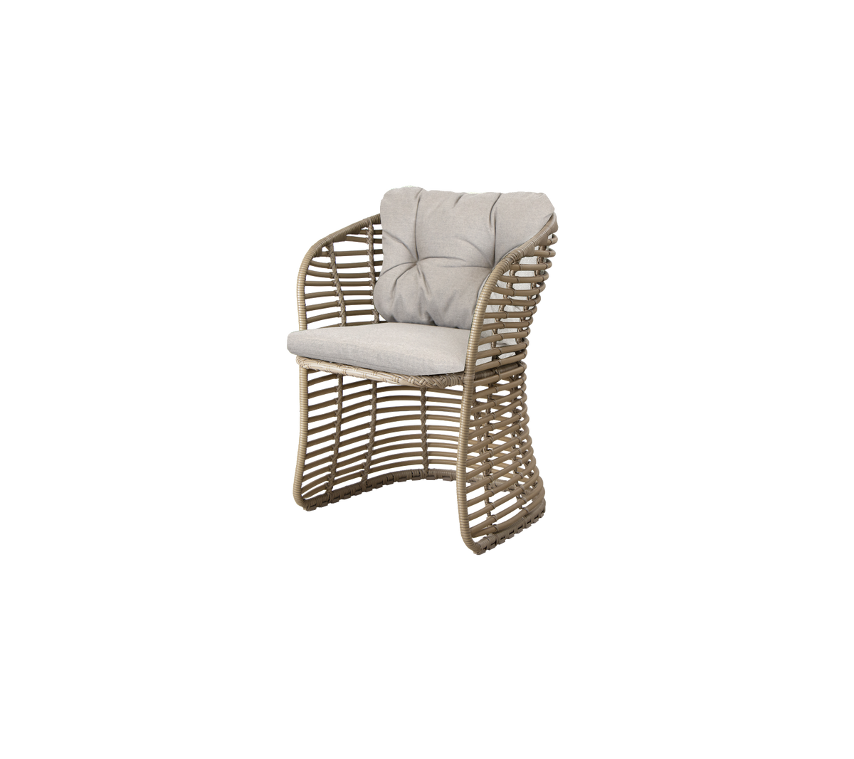 Stylish woven chair with a cushioned seat and backrest in a neutral color, perfect for modern seating arrangements.