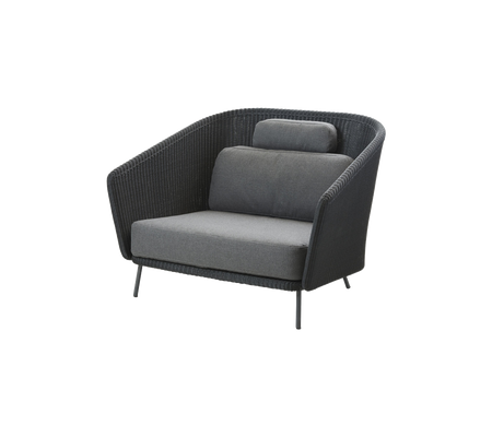 Stylish modern armchair featuring a curved design, dark wicker frame, and plush gray cushions for comfort.