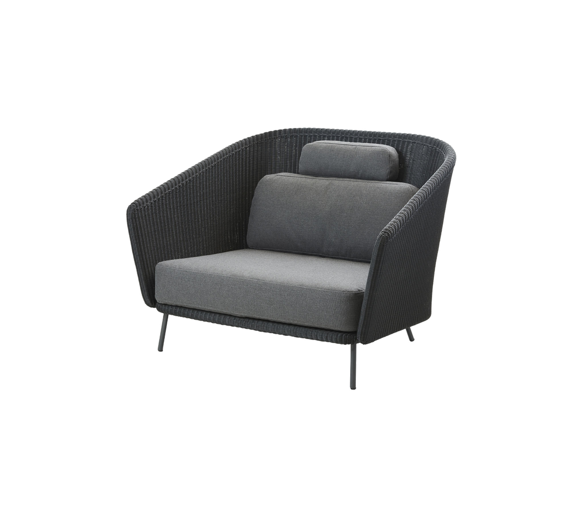 Stylish modern armchair featuring a curved design, dark wicker frame, and plush gray cushions for comfort.