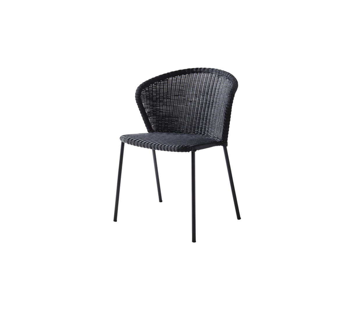 Stylish black woven chair with a curved back and slender metal legs, perfect for modern or contemporary settings.