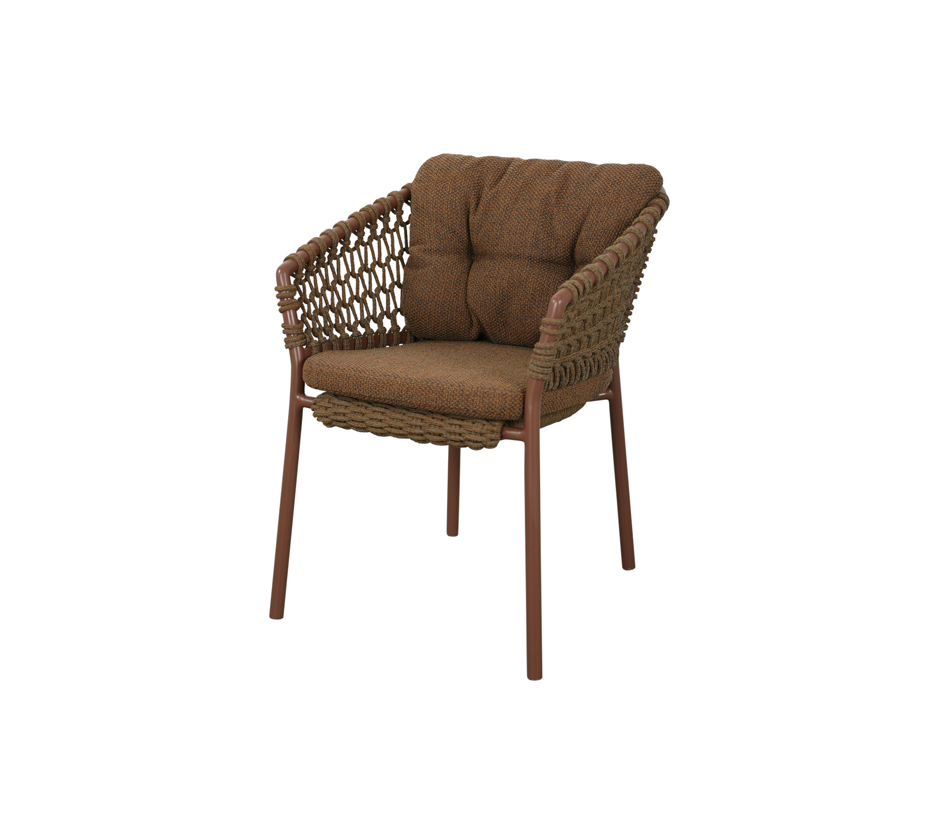 Comfortable chair with a woven design, featuring padded cushions in a warm brown color supported by sturdy legs. Ideal for relaxation.