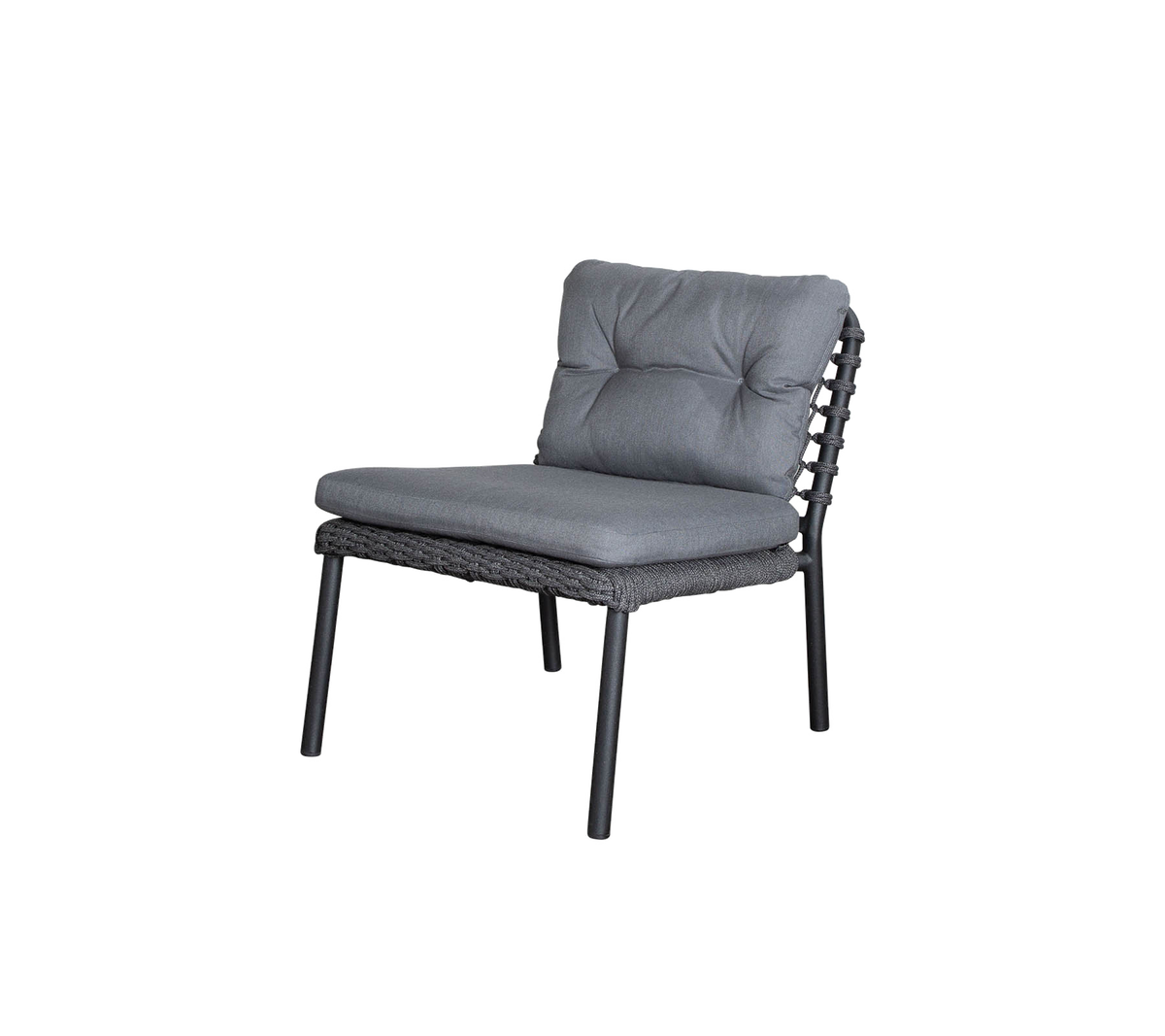 Stylish chair with a plush gray cushion and a woven frame, offering comfort and modern design for various settings.