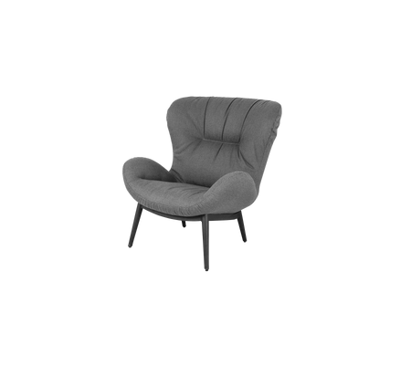 Cozy gray accent chair with a plush, curvy design and four slender legs, adding a modern touch to any space.