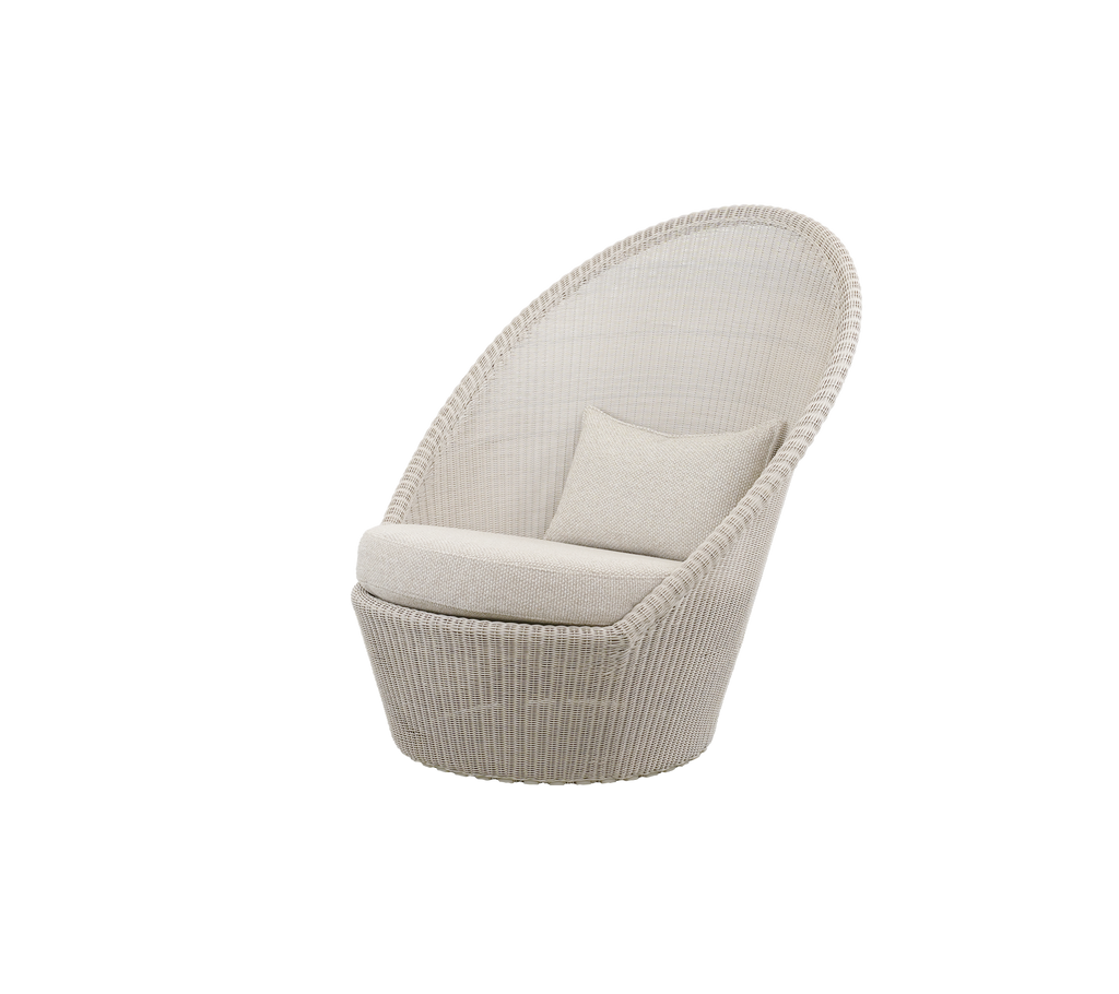 Modern chair in a light color with a curved design and a cushion.