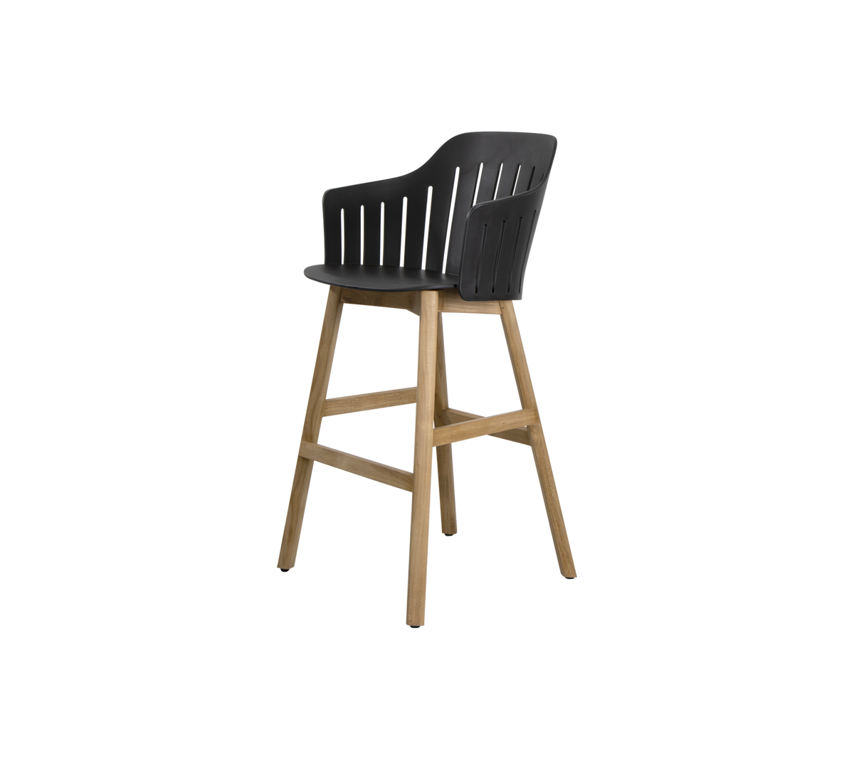 Stylish high chair featuring a sleek black seat with vertical slats and a natural wood frame for a modern touch. Perfect for dining spaces.