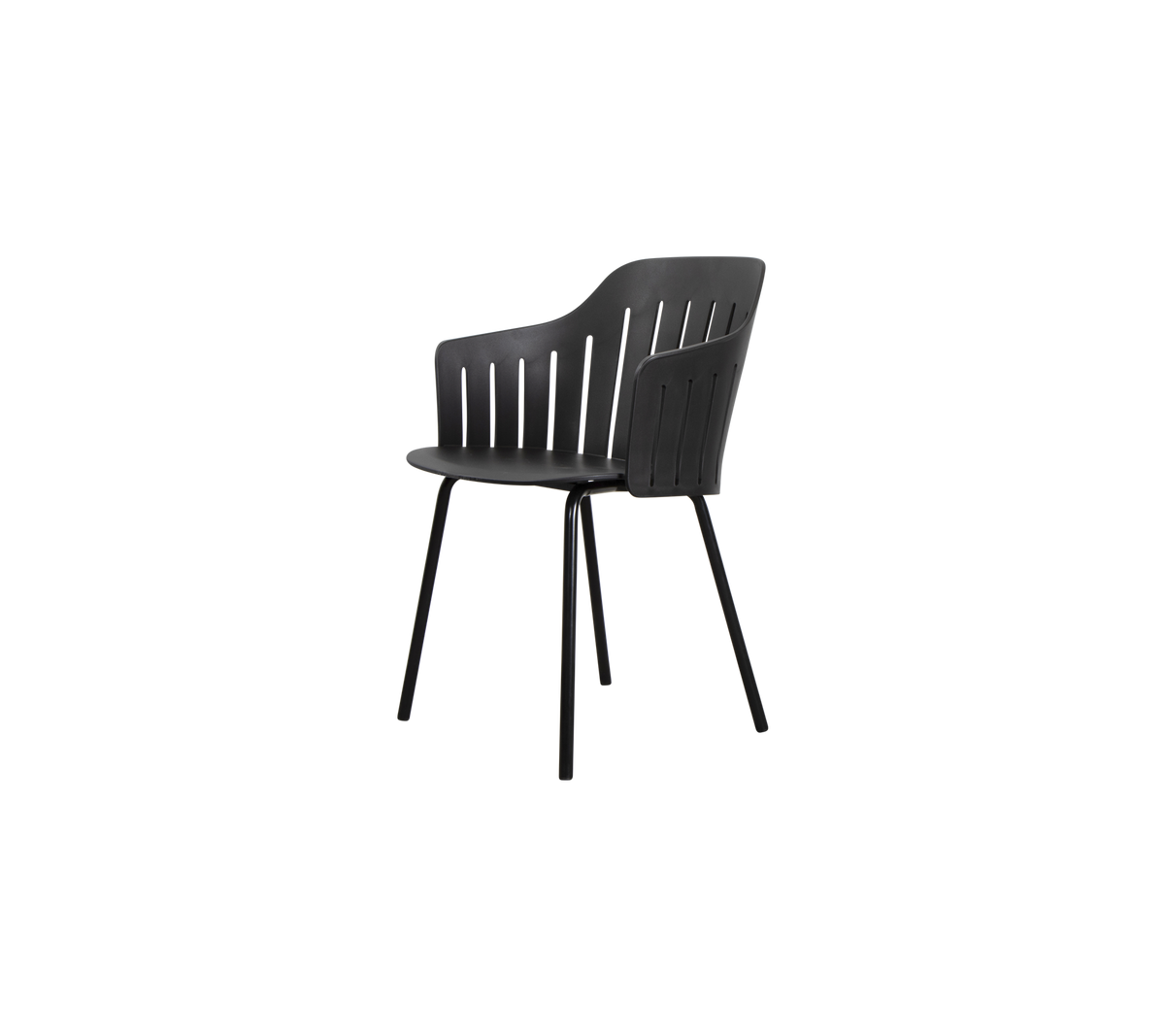 Stylish black chair with a slatted back design, featuring durable legs for stability and an ergonomic shape for comfort.
