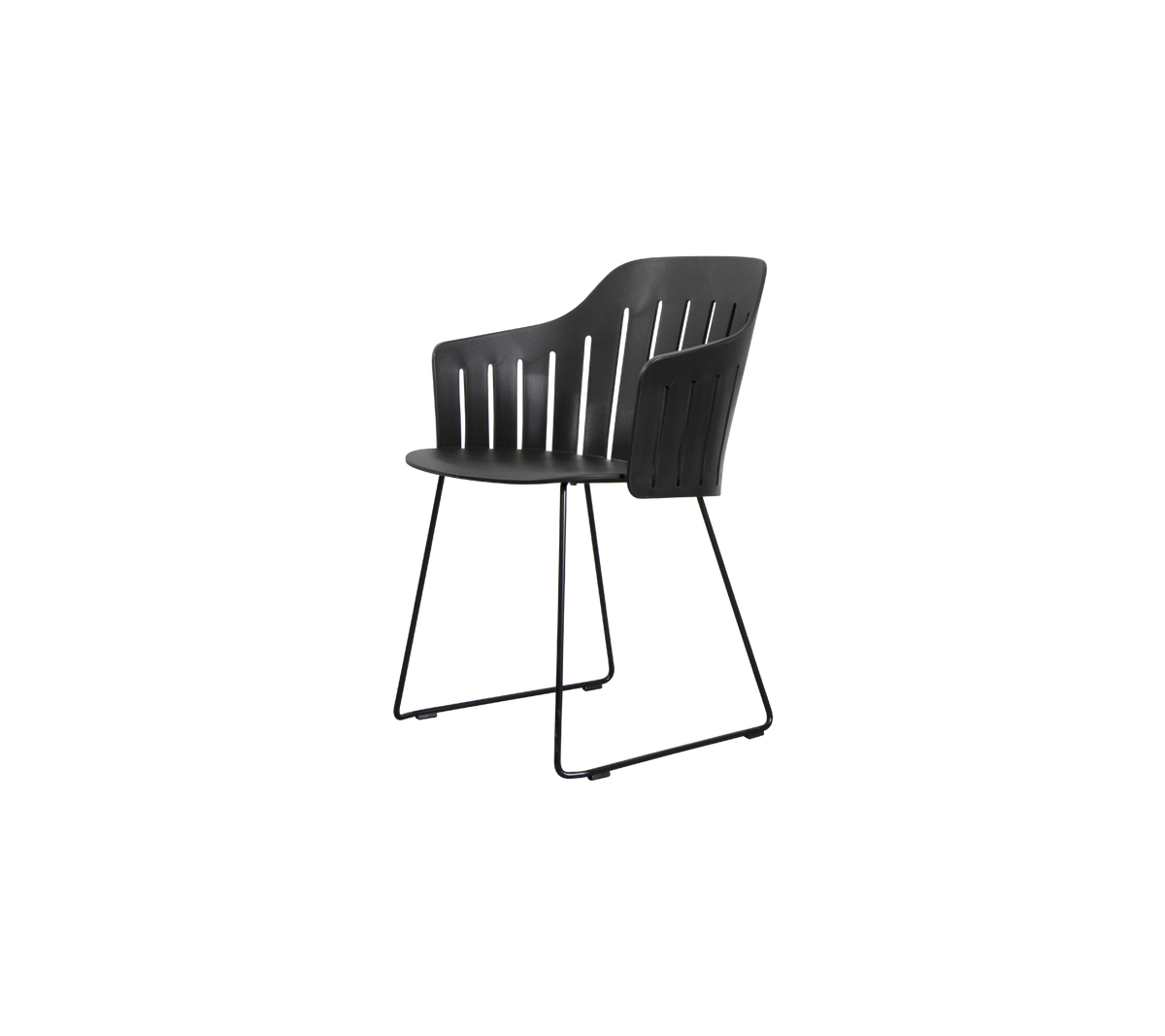 Modern black chair with a curved backrest and a sleek design, supported by a minimalist metal frame. Perfect for various settings.