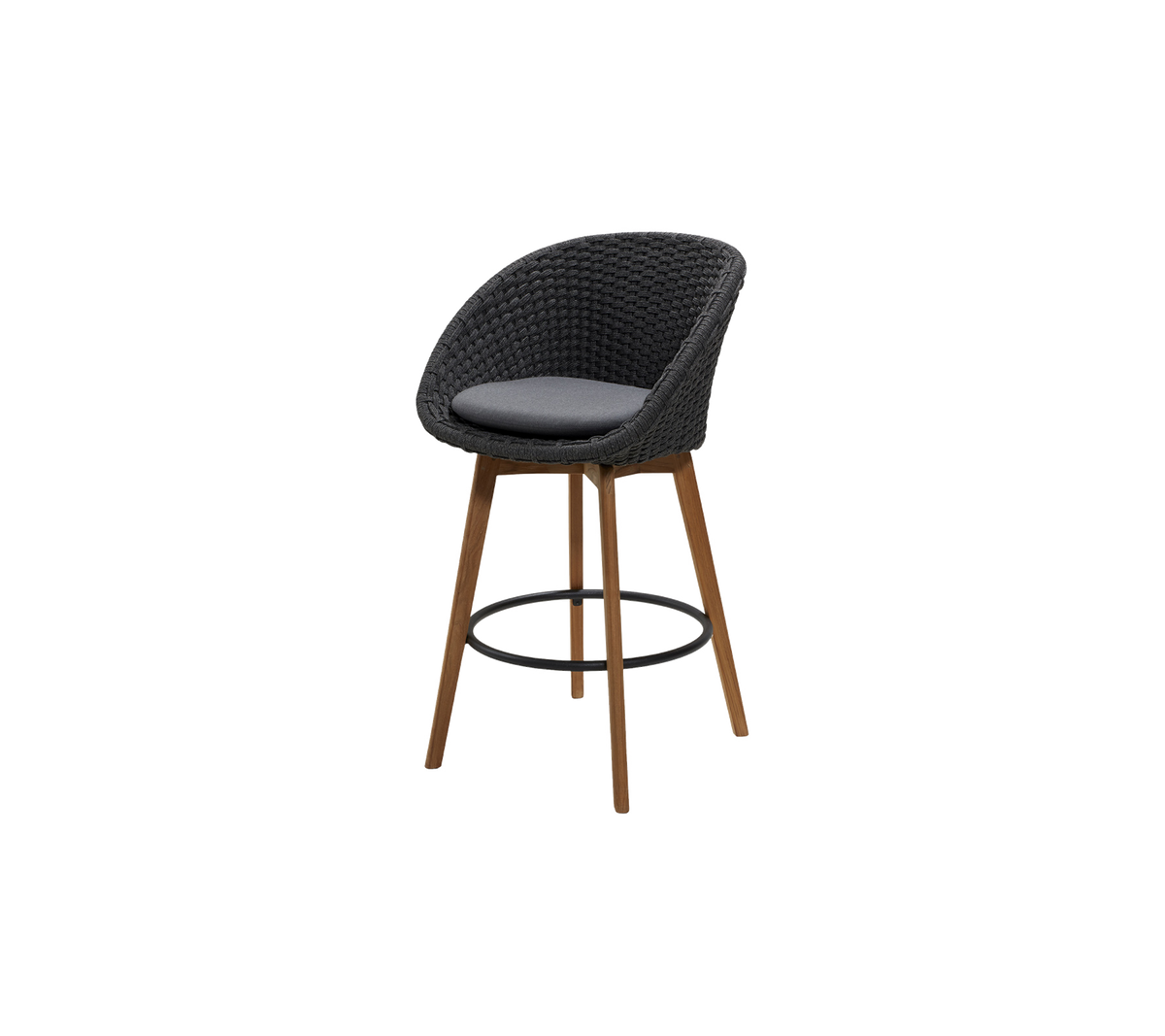 Stylish high chair with a woven seat in dark color and a padded cushion, featuring wooden legs and a footrest for added comfort.