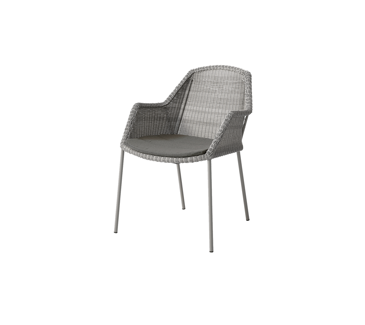 A modern chair featuring a woven design with a cushioned seat, supported by sleek metal legs in a neutral gray tone.
