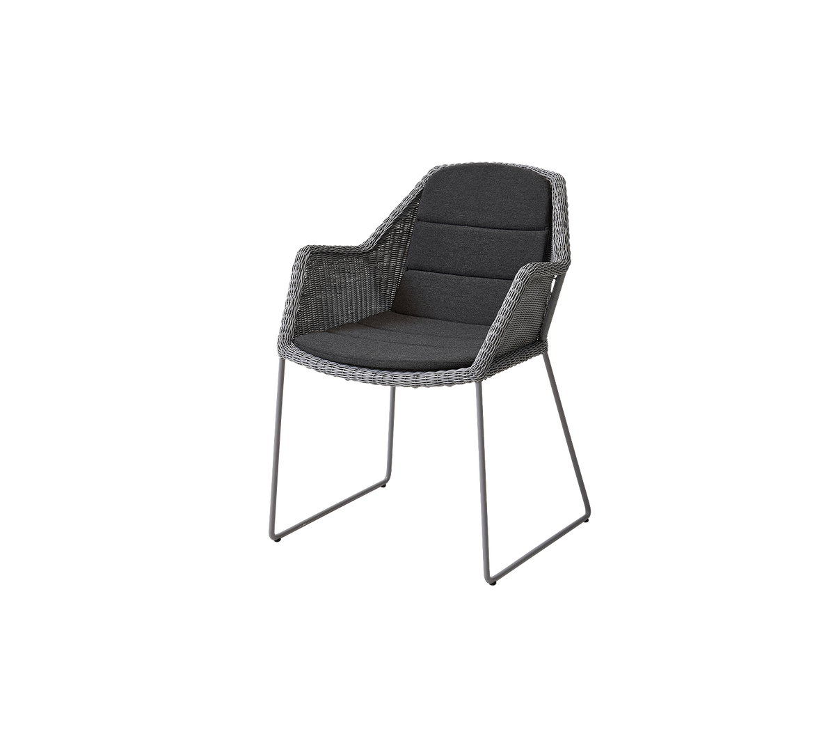 Stylish chair featuring a woven design with plush cushions and slender metal legs, ideal for modern settings.