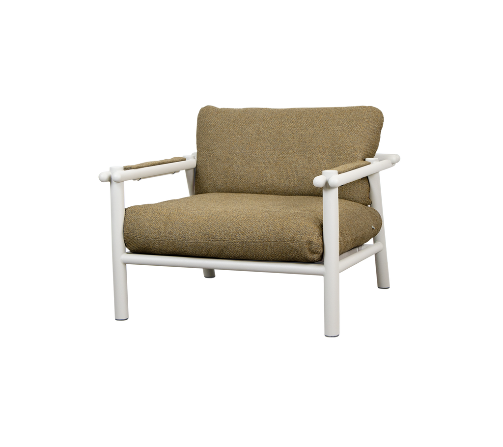 Modern sand-colored chair with a padded cushion and white frame.