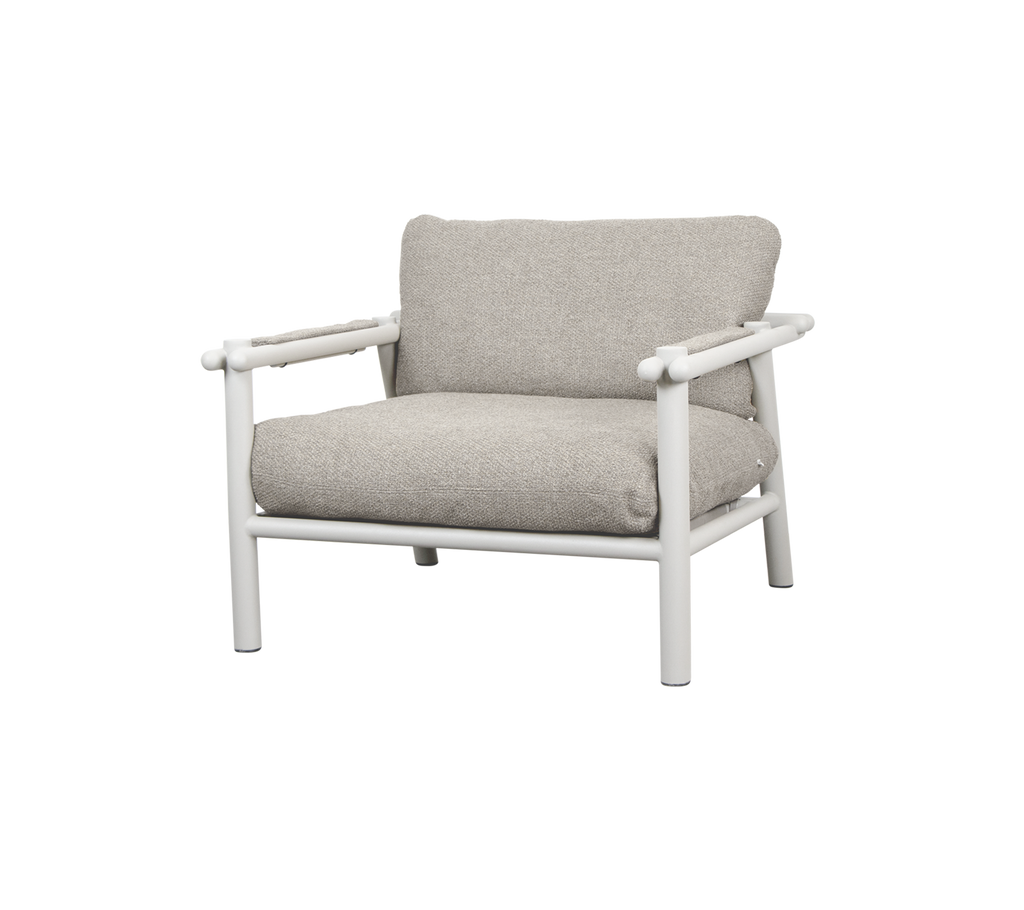 Modern chair with a beige cushion and white frame.