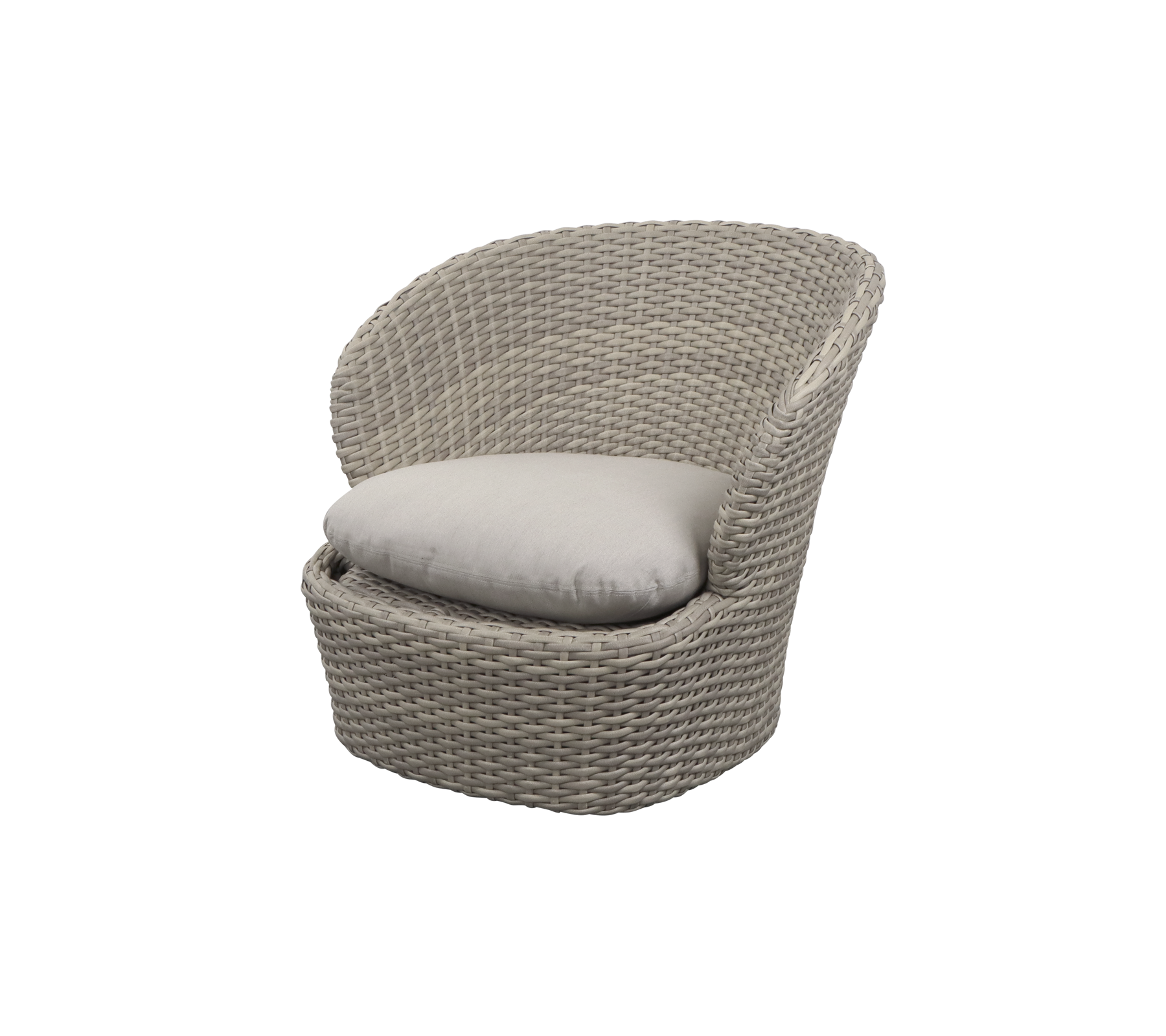 A cozy, woven chair with a padded cushion, designed for relaxation and comfort, featuring a round, contoured shape.