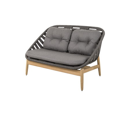 Two-seater sofa with a gray cushioned seat and a stylish woven backrest, supported by wooden legs. Ideal for modern decor.