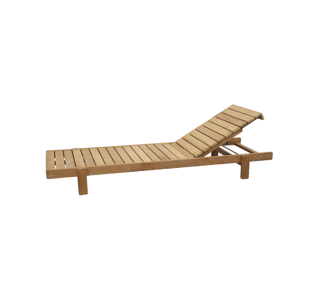 Teak lounger with adjustable backrest.